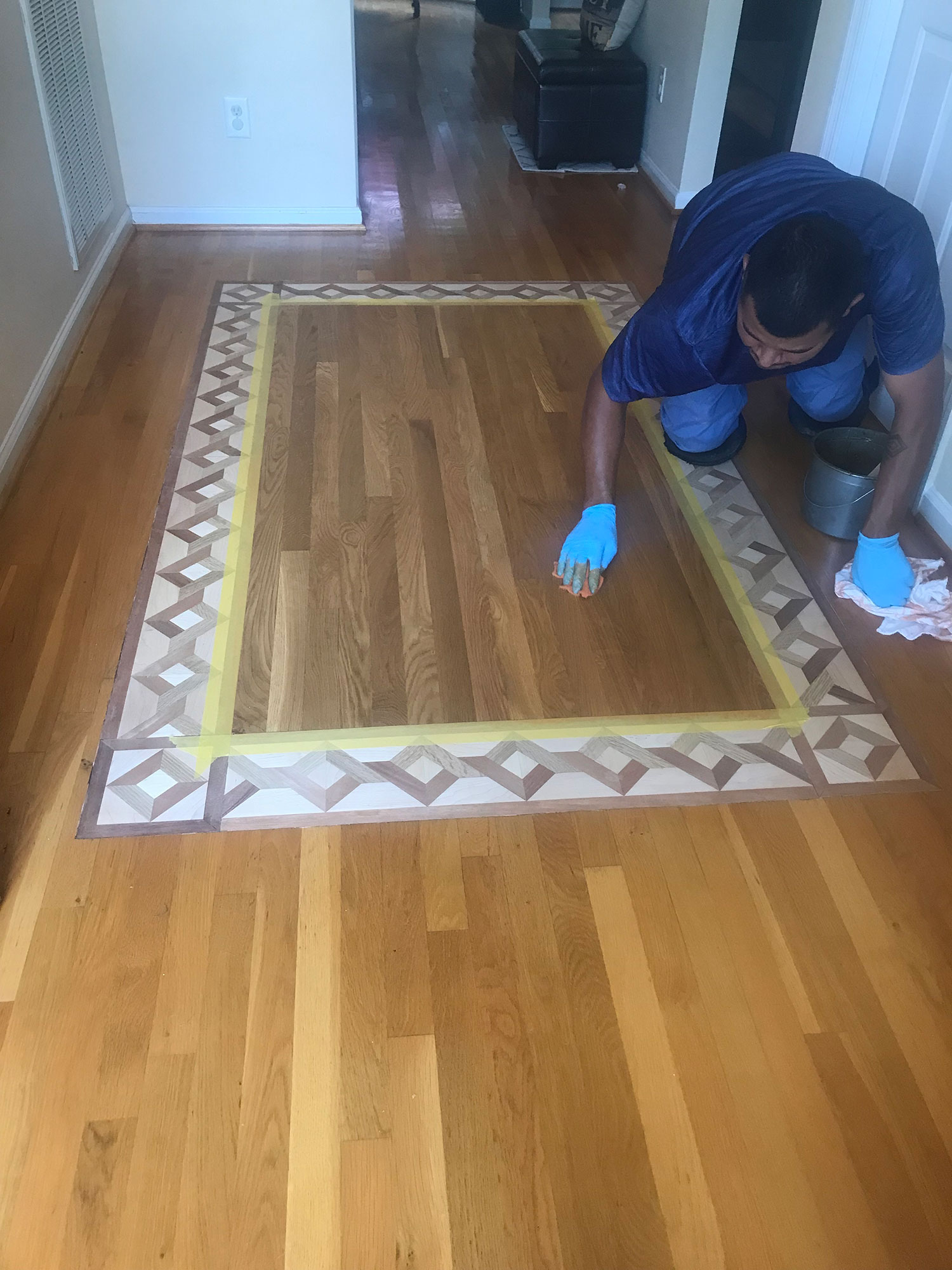 Hand-cut custom hardwood inlay medallion